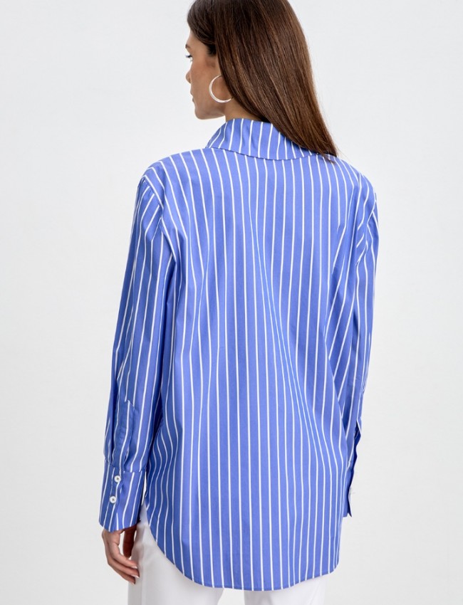 Ριγέ indigo μακρυμάνικο μακρύ oversized πουκάμισο σε χαλαρή γραμμή με φαρδιά ρίγα και φαρδιά μανίκια innocent 