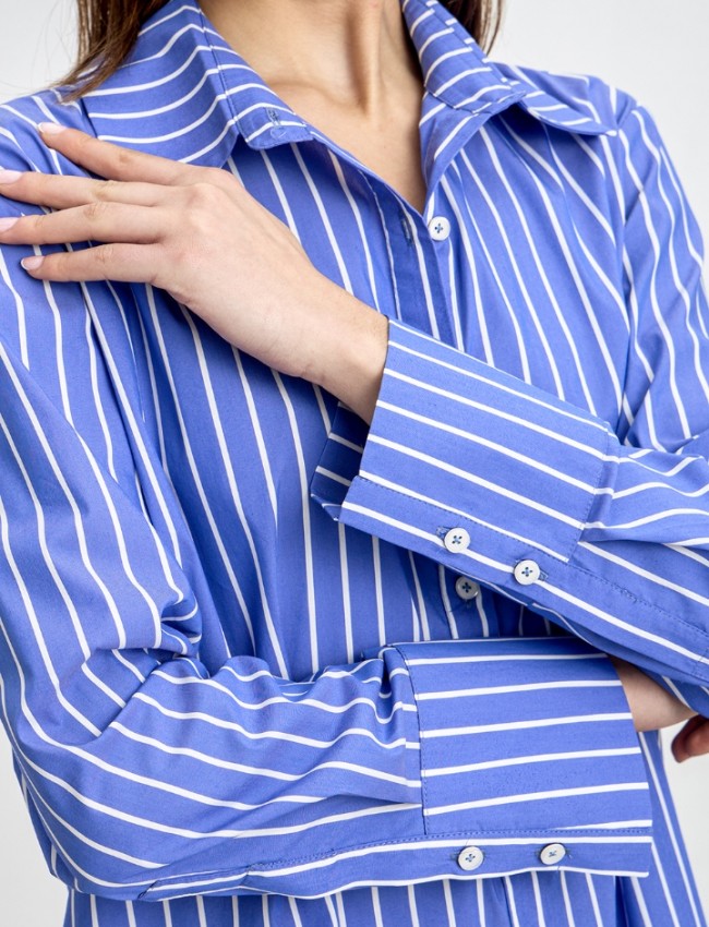 Ριγέ indigo μακρυμάνικο μακρύ oversized πουκάμισο σε χαλαρή γραμμή με φαρδιά ρίγα και φαρδιά μανίκια innocent 