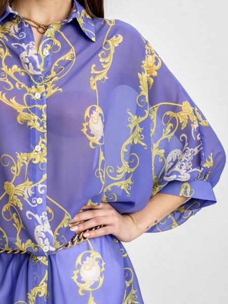 Εμπριμέ μωβ ημιδιάφανη oversized μουσελίνα μπλούζα με χρυσά λαχούρια, φαρδιά μανίκια και ρεγκλάν μανικοκόλληση Innocent