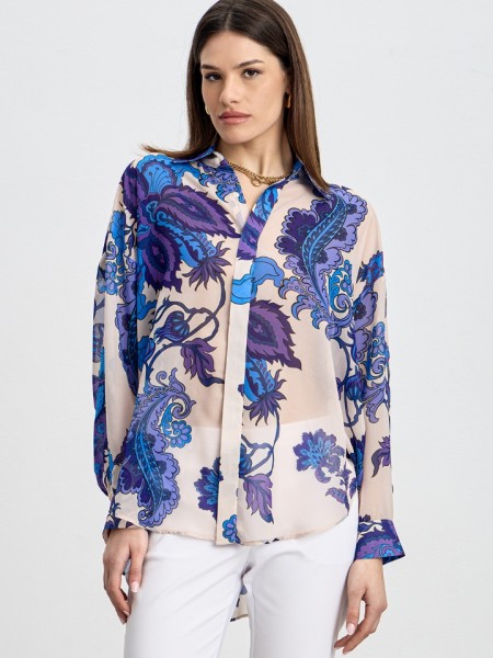 Floral printed μωβ ημιδιάφανο μουσελίνα oversized πουκάμισο με κουφόπιετα στην πλάτη, ρεγκλάν μανικοκόλληση και κρυφό κλείσιμο με κουμπιά μπροστά innocent