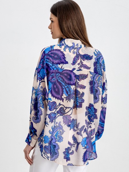 Floral printed μωβ ημιδιάφανο μουσελίνα oversized πουκάμισο με κουφόπιετα στην πλάτη, ρεγκλάν μανικοκόλληση και κρυφό κλείσιμο με κουμπιά μπροστά innocent