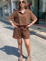 Καφέ κοντομάνικο broderie πουκάμισο σε τετράγωνη γραμμή innocent 