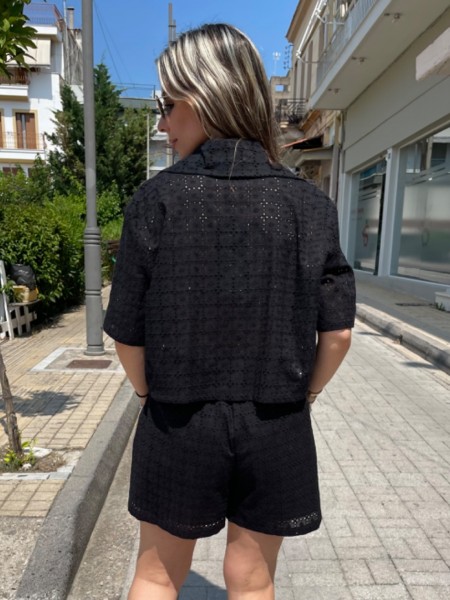 Μαύρο κοντομάνικο broderie πουκάμισο σε τετράγωνη γραμμή innocent 