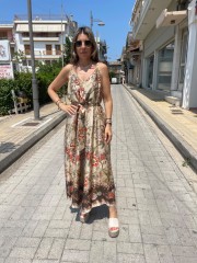 Floral printed μπεζ-χακί αμάνικη ολόσωμη φόρμα, σε χαλαρή γραμμή, με λεπτές ρυθμιζόμενες  τιράντες και αποσπώμενη υφασμάτινη ζώνη Innocent