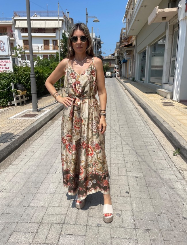 Floral printed μπεζ-χακί αμάνικη ολόσωμη φόρμα, σε χαλαρή γραμμή, με λεπτές ρυθμιζόμενες  τιράντες και αποσπώμενη υφασμάτινη ζώνη Innocent
