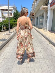 Floral printed μπεζ-χακί αμάνικη ολόσωμη φόρμα, σε χαλαρή γραμμή, με λεπτές ρυθμιζόμενες  τιράντες και αποσπώμενη υφασμάτινη ζώνη Innocent