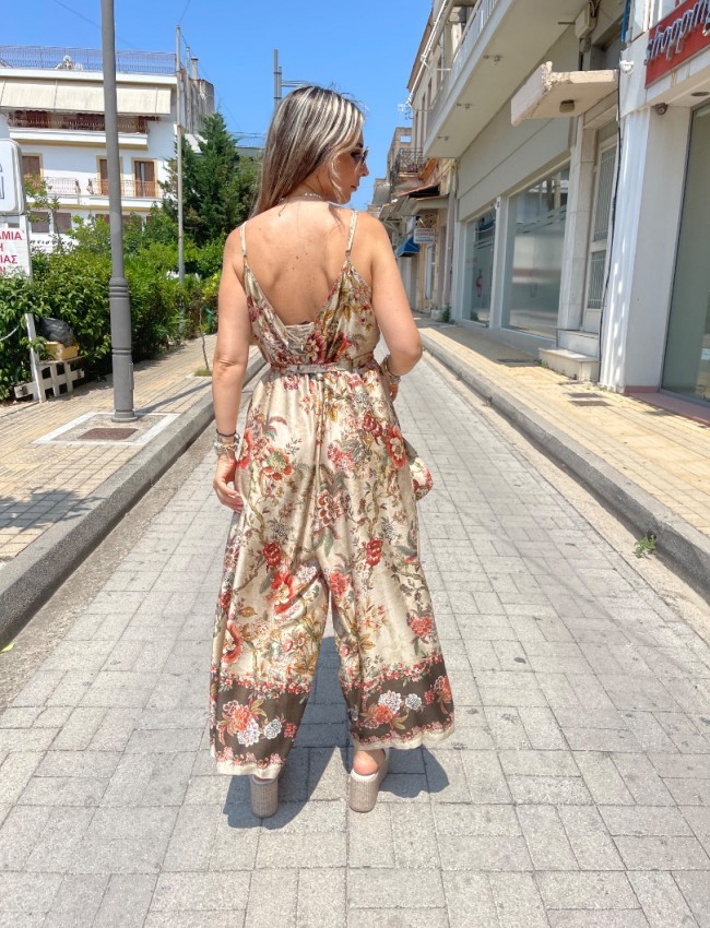 Floral printed μπεζ-χακί αμάνικη ολόσωμη φόρμα, σε χαλαρή γραμμή, με λεπτές ρυθμιζόμενες  τιράντες και αποσπώμενη υφασμάτινη ζώνη Innocent