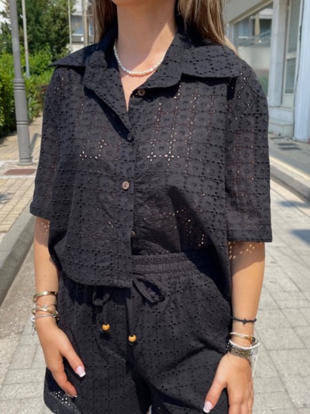 Μαύρο κοντομάνικο broderie πουκάμισο σε τετράγωνη γραμμή innocent 