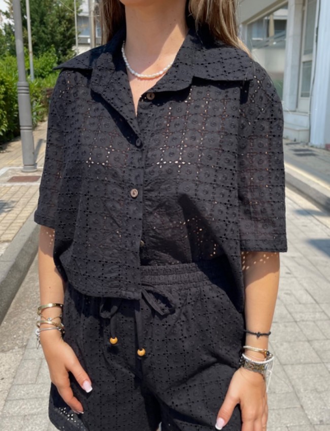Μαύρο κοντομάνικο broderie πουκάμισο σε τετράγωνη γραμμή innocent 