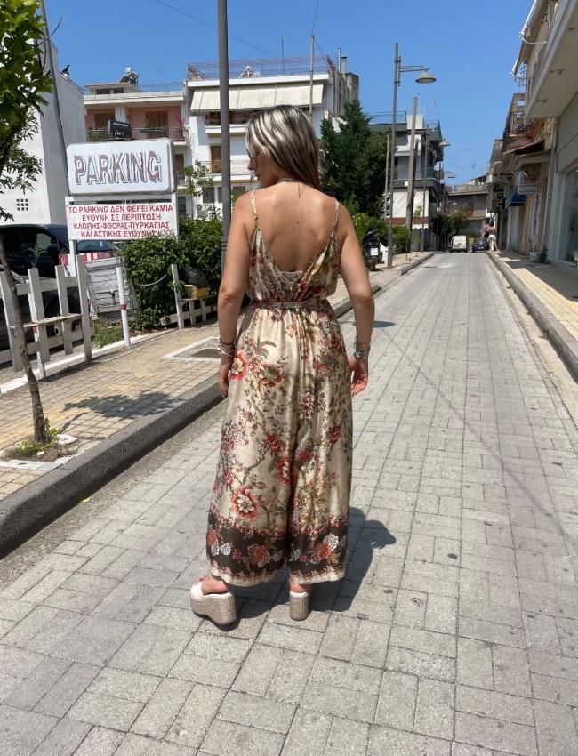 Floral printed μπεζ-χακί αμάνικη ολόσωμη φόρμα, σε χαλαρή γραμμή, με λεπτές ρυθμιζόμενες  τιράντες και αποσπώμενη υφασμάτινη ζώνη Innocent