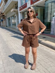 Καφέ κοντομάνικο broderie πουκάμισο σε τετράγωνη γραμμή innocent 