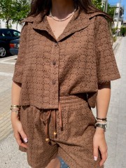 Καφέ κοντομάνικο broderie πουκάμισο σε τετράγωνη γραμμή innocent 
