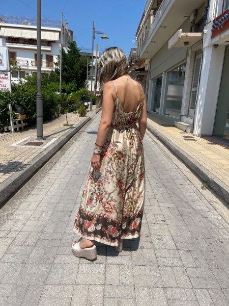 Floral printed μπεζ-χακί αμάνικη ολόσωμη φόρμα, σε χαλαρή γραμμή, με λεπτές ρυθμιζόμενες  τιράντες και αποσπώμενη υφασμάτινη ζώνη Innocent