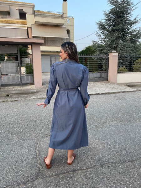 Blue tencel midi shirt-look φόρεμα σε φαρδιά γραμμή, βάτες στους ώμους, φαρδιά μανίκια με κουφόπιετες και αποσπώμενη ζώνη στην μέση Innocent