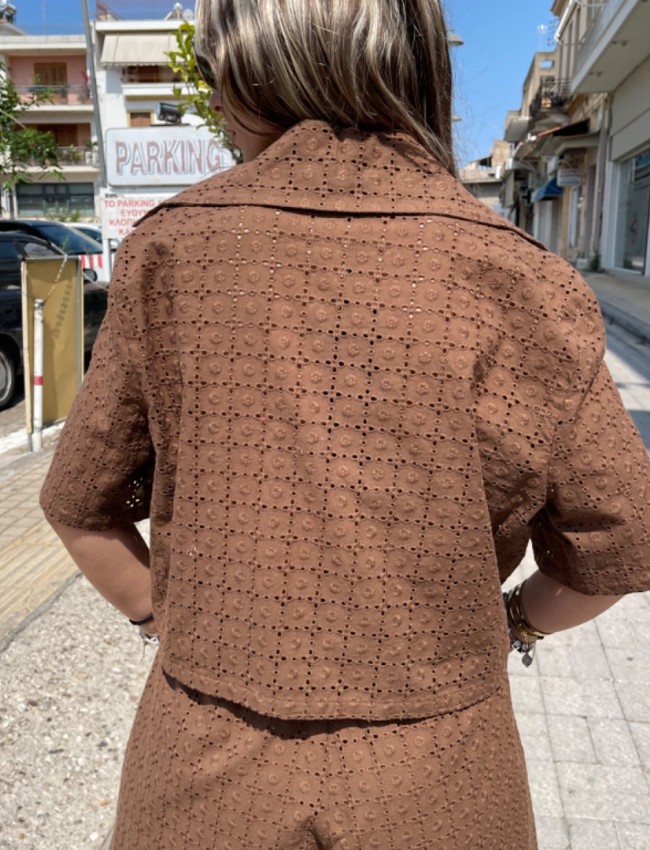 Καφέ κοντομάνικο broderie πουκάμισο σε τετράγωνη γραμμή innocent 