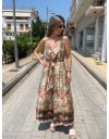 Floral printed μπεζ-χακί αμάνικη ολόσωμη φόρμα, σε χαλαρή γραμμή, με λεπτές ρυθμιζόμενες  τιράντες και αποσπώμενη υφασμάτινη ζώνη Innocent