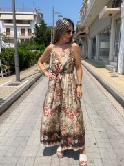 Floral printed μπεζ-χακί αμάνικη ολόσωμη φόρμα, σε χαλαρή γραμμή, με λεπτές ρυθμιζόμενες  τιράντες και αποσπώμενη υφασμάτινη ζώνη Innocent