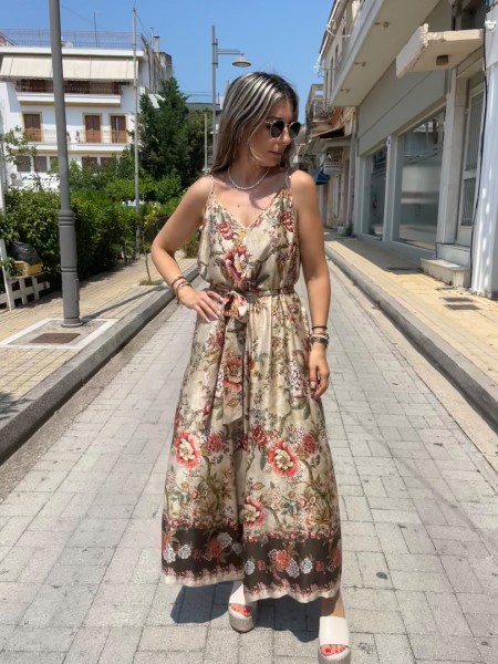 Floral printed μπεζ-χακί αμάνικη ολόσωμη φόρμα, σε χαλαρή γραμμή, με λεπτές ρυθμιζόμενες  τιράντες και αποσπώμενη υφασμάτινη ζώνη Innocent