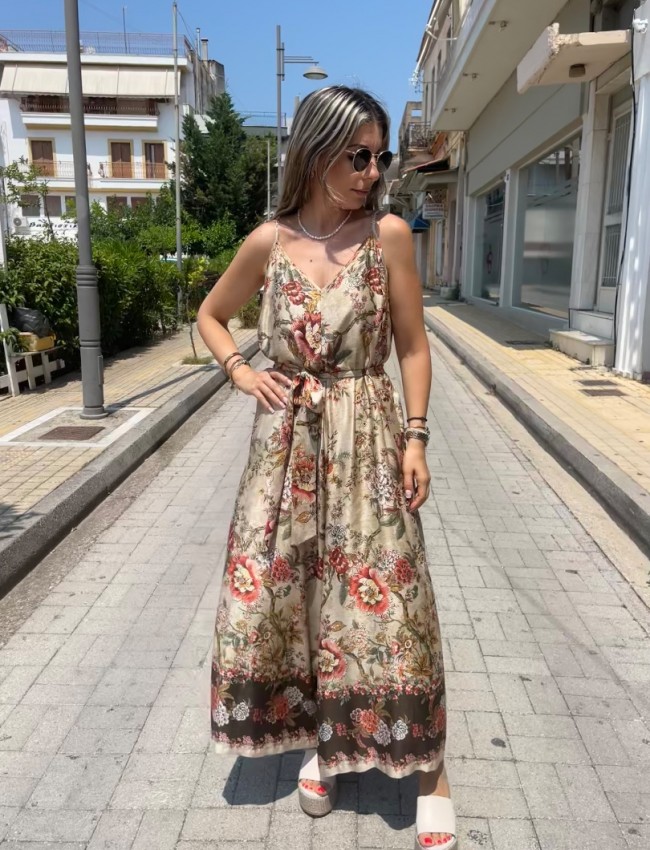 Floral printed μπεζ-χακί αμάνικη ολόσωμη φόρμα, σε χαλαρή γραμμή, με λεπτές ρυθμιζόμενες  τιράντες και αποσπώμενη υφασμάτινη ζώνη Innocent
