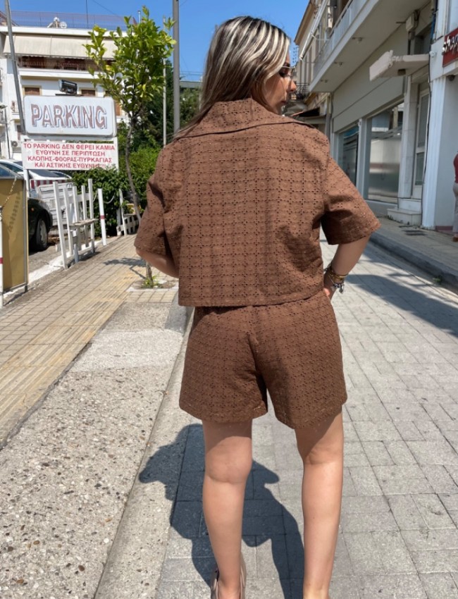 Καφέ broderie ψηλόμεσο σορτς με εσωτερική επένδυση και ρυθμοζομενο κορδόνι με λάστιχο στην μέση innocent