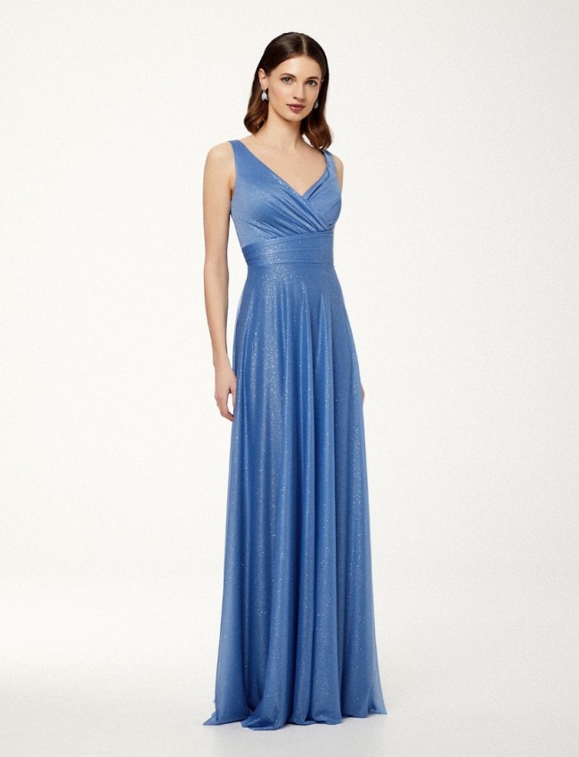 Μπλε αμάνικο maxi lurex φόρεμα σε ίσια γραμμή με χοντρή τιράντα, φαρδιά μπάσκα στη μέση και κρουαζέ λαιμόκοψη Mikael
