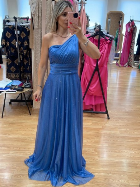 Ίντιγκο lurex αμάνικο maxi φόρεμα με έναν ώμο, φαρδιά μπάσκα στη μέση και αποσπώμενη εσάρπα Mikael