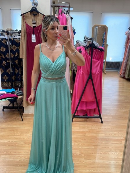 Μέντα αμάνικο lurex maxi φόρεμα με δαντέλα διαφάνεια στη μέση Mikael