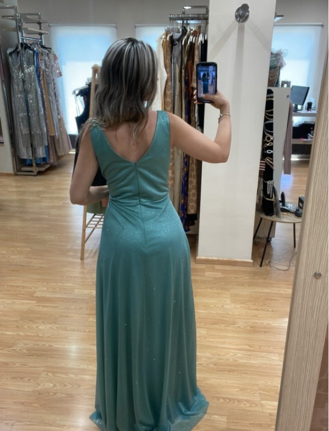 Μέντα lurex αμάνικο maxi φόρεμα σε κλος γραμμή με κρουαζέ μπούστο, χοντρή τιράντα και φαρδιά μπάσκα στη μέση  Mikael