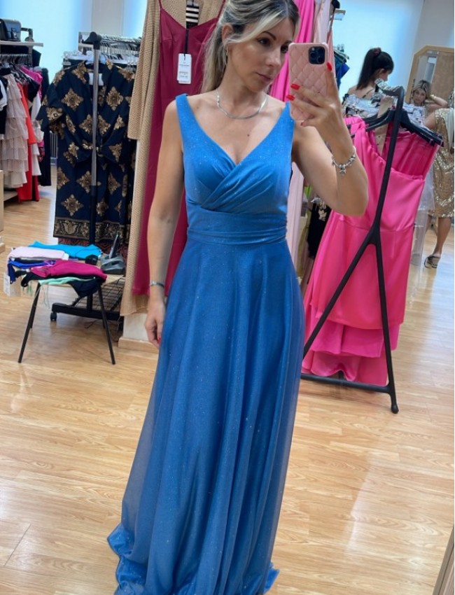 Μπλε αμάνικο maxi lurex φόρεμα σε ίσια γραμμή με χοντρή τιράντα, φαρδιά μπάσκα στη μέση και κρουαζέ λαιμόκοψη Mikael
