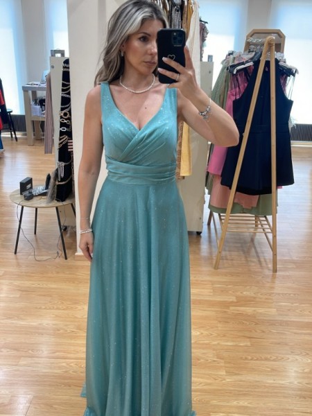 Μέντα lurex αμάνικο maxi φόρεμα σε κλος γραμμή με κρουαζέ μπούστο, χοντρή τιράντα και φαρδιά μπάσκα στη μέση  Mikael