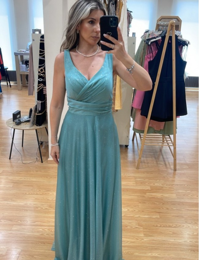 Μέντα lurex αμάνικο maxi φόρεμα σε κλος γραμμή με κρουαζέ μπούστο, χοντρή τιράντα και φαρδιά μπάσκα στη μέση  Mikael