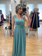 Μέντα lurex αμάνικο maxi φόρεμα σε κλος γραμμή με κρουαζέ μπούστο, χοντρή τιράντα και φαρδιά μπάσκα στη μέση  Mikael