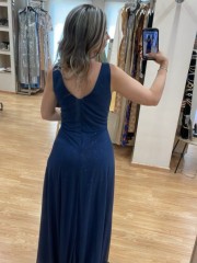 Μπλε navy lurex αμάνικο maxi φόρεμα σε κλος γραμμή με κρουαζέ μπούστο, χοντρή τιράντα και φαρδιά μπάσκα στη μέση  Mikael