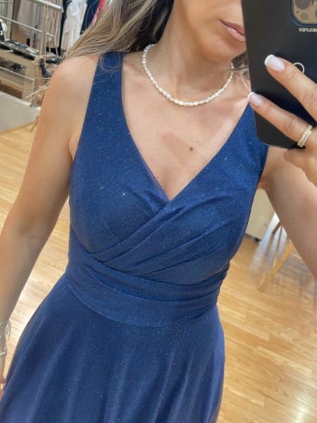 Μπλε navy lurex αμάνικο maxi φόρεμα σε κλος γραμμή με κρουαζέ μπούστο, χοντρή τιράντα και φαρδιά μπάσκα στη μέση  Mikael