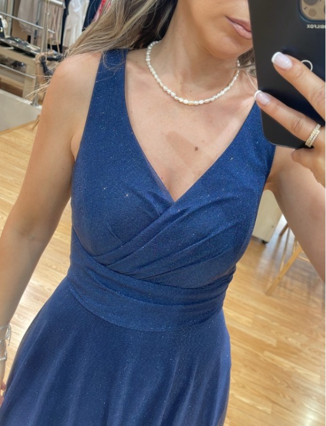 Μπλε navy lurex αμάνικο maxi φόρεμα σε κλος γραμμή με κρουαζέ μπούστο, χοντρή τιράντα και φαρδιά μπάσκα στη μέση  Mikael