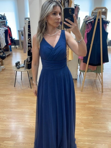 Μπλε navy lurex αμάνικο maxi φόρεμα σε κλος γραμμή με κρουαζέ μπούστο, χοντρή τιράντα και φαρδιά μπάσκα στη μέση  Mikael