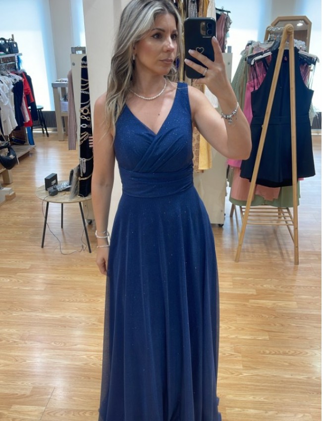 Μπλε navy lurex αμάνικο maxi φόρεμα σε κλος γραμμή με κρουαζέ μπούστο, χοντρή τιράντα και φαρδιά μπάσκα στη μέση  Mikael