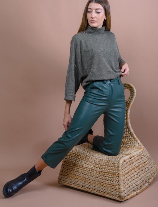 Πράσινο ψηλόμεσο faux-leather cropped THETA παντελόνι σε Α-γραμμή, πλαϊνές τσέπες, μπάσκα στη μέση και κλείσιμο με φερμουάρ και κουμπί Mind Matter