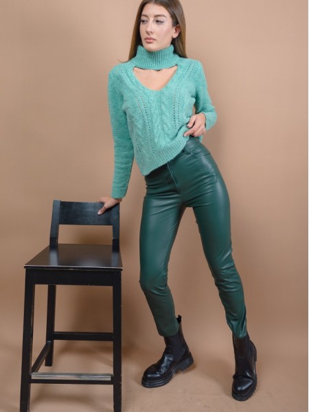 Πράσινο ψηλόμεσο faux-leather FLAVIE παντελόνι σε στενή γραμμή, με μύτες στην μπάσκα, εσωτερικό κρυφό κούμπωμα και τετράγωνες τσέπες πίσω Mind Matter
