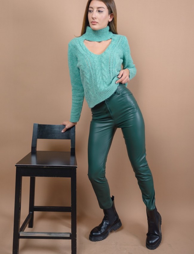 Πράσινο ψηλόμεσο faux-leather FLAVIE παντελόνι σε στενή γραμμή, με μύτες στην μπάσκα, εσωτερικό κρυφό κούμπωμα και τετράγωνες τσέπες πίσω Mind Matter