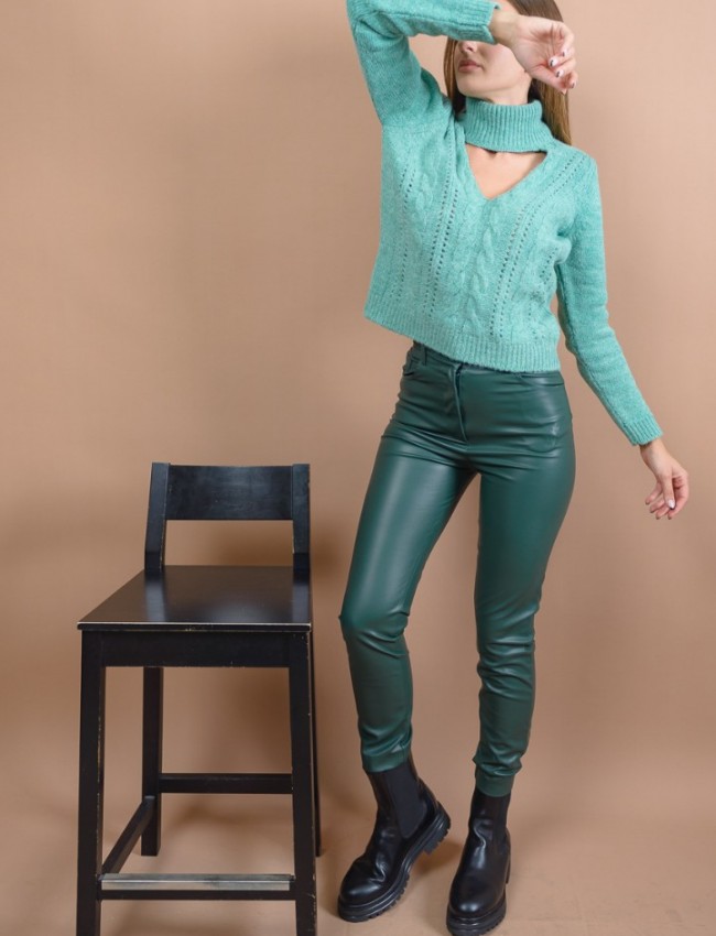 Πράσινο ψηλόμεσο faux-leather FLAVIE παντελόνι σε στενή γραμμή, με μύτες στην μπάσκα, εσωτερικό κρυφό κούμπωμα και τετράγωνες τσέπες πίσω Mind Matter