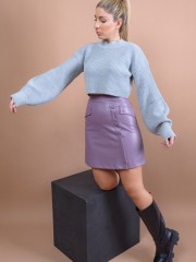 Βιολέ ψηλόμεση faux-leather κοντή BLAIRE φούστα σε Α-γραμμή, με κουμπιά μπροστά και ψεύτικες μπροστινές τσέπες Mind Matter