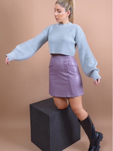Βιολέ ψηλόμεση faux-leather κοντή BLAIRE φούστα σε Α-γραμμή, με κουμπιά μπροστά και ψεύτικες μπροστινές τσέπες Mind Matter