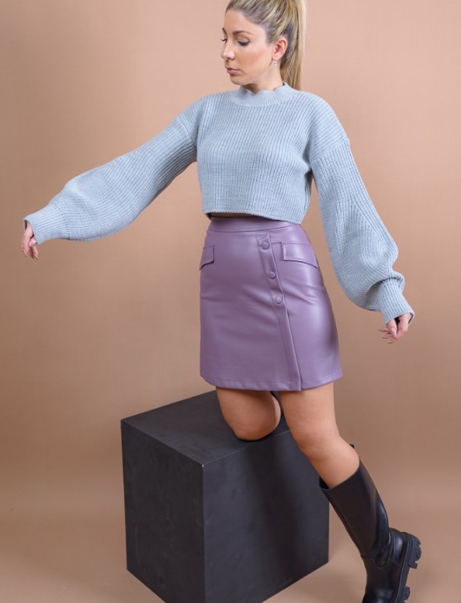 Βιολέ ψηλόμεση faux-leather κοντή BLAIRE φούστα σε Α-γραμμή, με κουμπιά μπροστά και ψεύτικες μπροστινές τσέπες Mind Matter