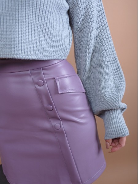 Βιολέ ψηλόμεση faux-leather κοντή BLAIRE φούστα σε Α-γραμμή, με κουμπιά μπροστά και ψεύτικες μπροστινές τσέπες Mind Matter