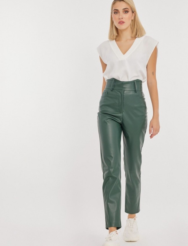 Πράσινο ψηλόμεσο faux-leather FLAVIE παντελόνι σε στενή γραμμή, με μύτες στην μπάσκα, εσωτερικό κρυφό κούμπωμα και τετράγωνες τσέπες πίσω Mind Matter