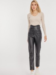 Μαύρο ψηλόμεσο faux-leather FLAVIE παντελόνι σε στενή γραμμή, με μύτες στην μπάσκα, εσωτερικό κρυφό κούμπωμα και τετράγωνες τσέπες πίσω Mind Matter