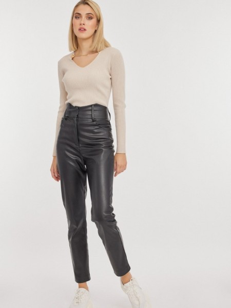 Μαύρο ψηλόμεσο faux-leather FLAVIE παντελόνι σε στενή γραμμή, με μύτες στην μπάσκα, εσωτερικό κρυφό κούμπωμα και τετράγωνες τσέπες πίσω Mind Matter