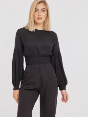 Μαύρη μακρυμάνικη cropped HAILEY μπλούζα με κλειστή στρογγυλή λαιμόκοψη, ανάποδο κρουαζέ στην πλάτη με δέσιμο και σούρες στα μανίκια Mind Matter