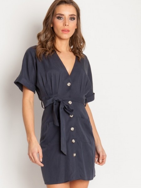 Μπλε Robin κοντομάνικο κοντό shirt-look φόρεμα με εξωτερικές μπροστινές τσέπες και αποσπώμενη ζώνη στην μέση Mind Matter